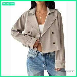 Cropped Trench Coat Lapel Button Down Long Sleeve Casual Jacket